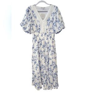 J Gee Floral Blue and White Women's Midi Peasant Boho Dress